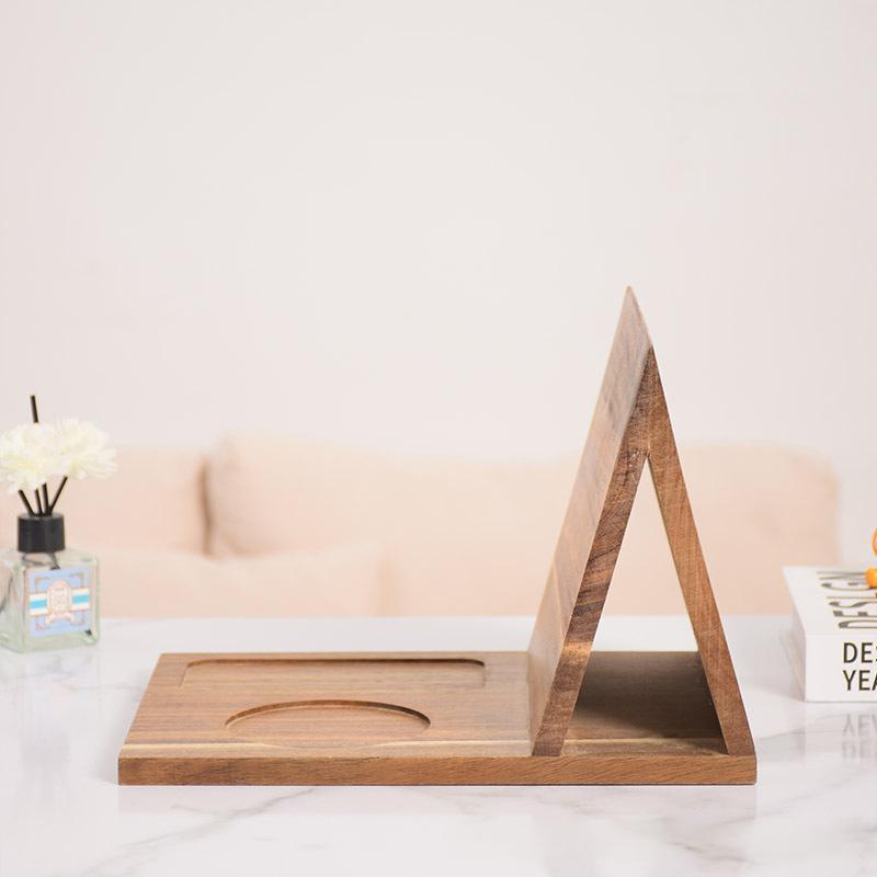 Solid Wood Triangular Bookend with Cup Coaster - Natural Finish