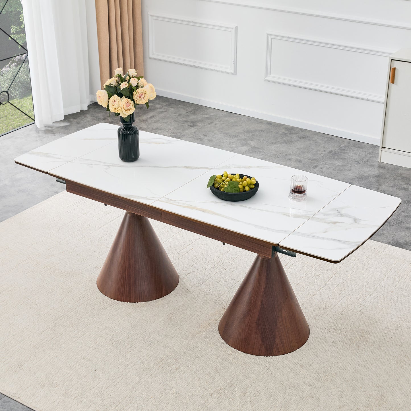 Extendable Dining Table with White Marble-Patterned Top