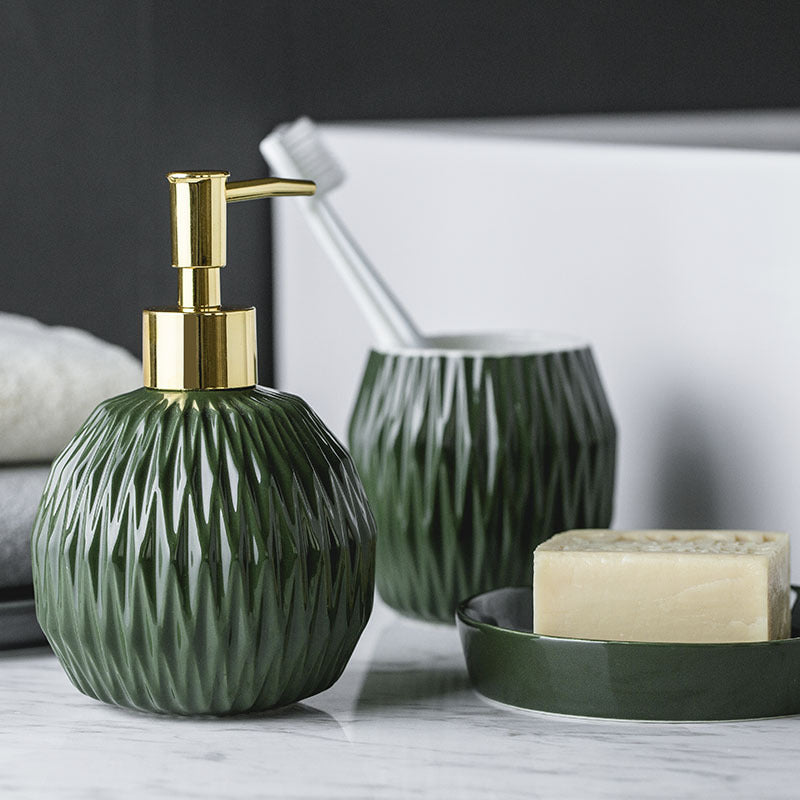 Ceramic Bathroom Mouthwash Cup Set with Embossed Hotel Style - Multiple Colors
