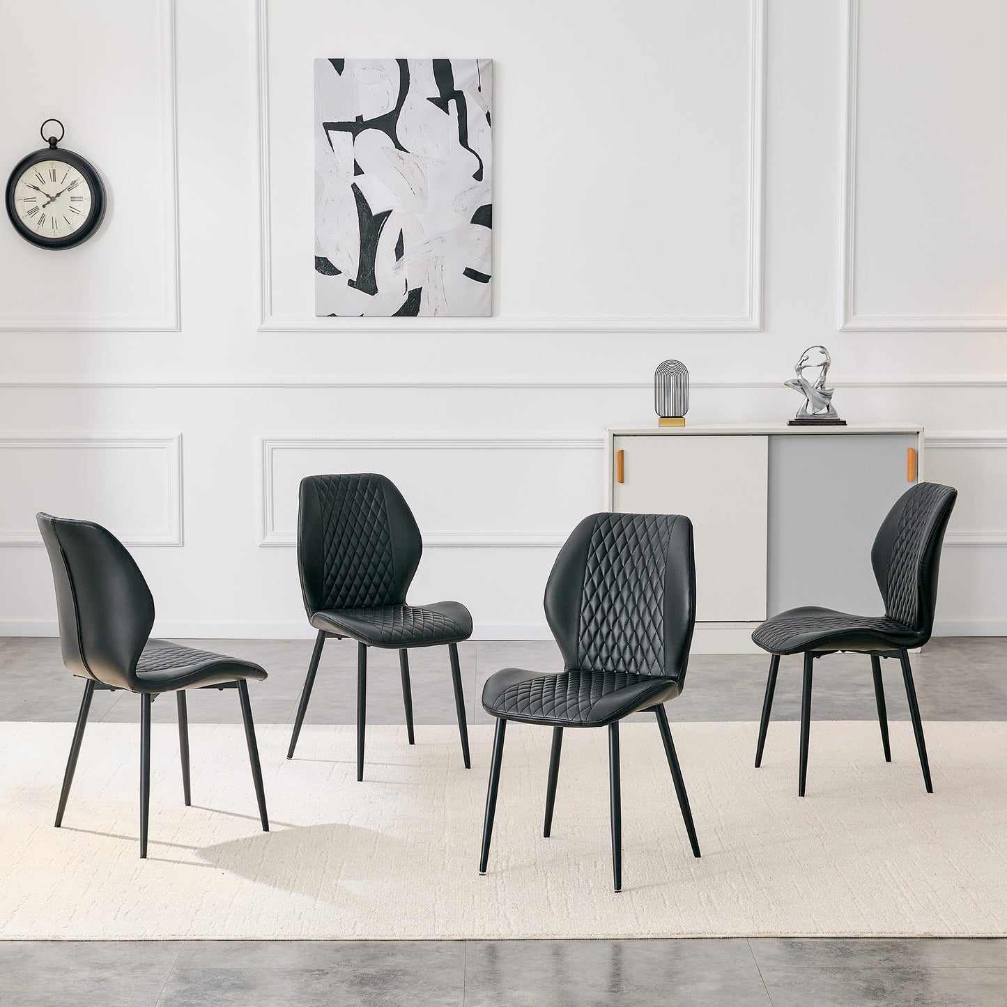 Set Of 4 Modern Light Luxury Black Diamond-quilted PU Chairs With