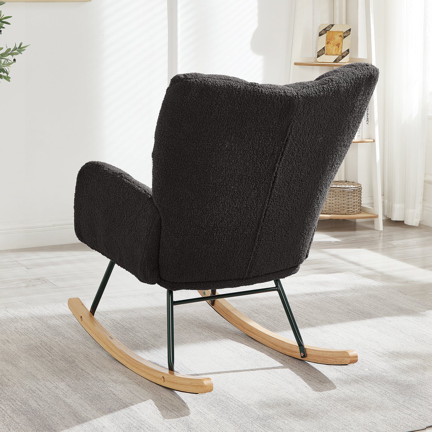 Dark Gray Tufted Teddy Fabric Rocking Chair with Metal Frame