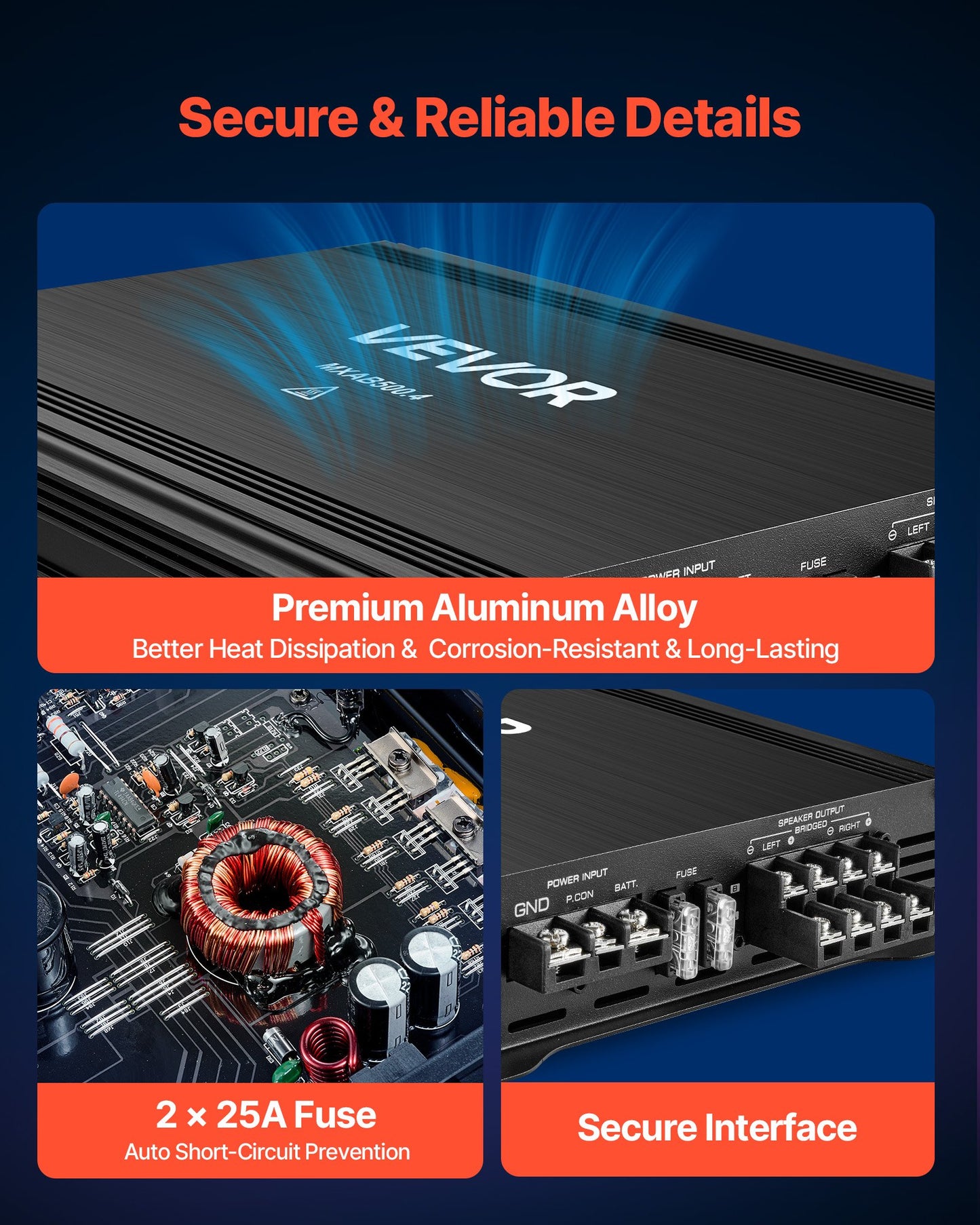 4 Channel Car Amplifier 2 Ohm Stable Bridgeable Class A/B 250W/500W for Car SUV Truck