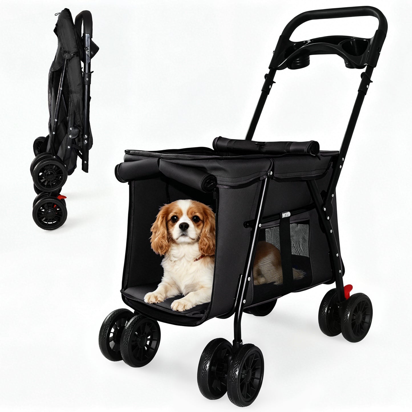 Foldable Pet Stroller for Small Medium Dogs Cats with Mesh Sides & Safety Leashes