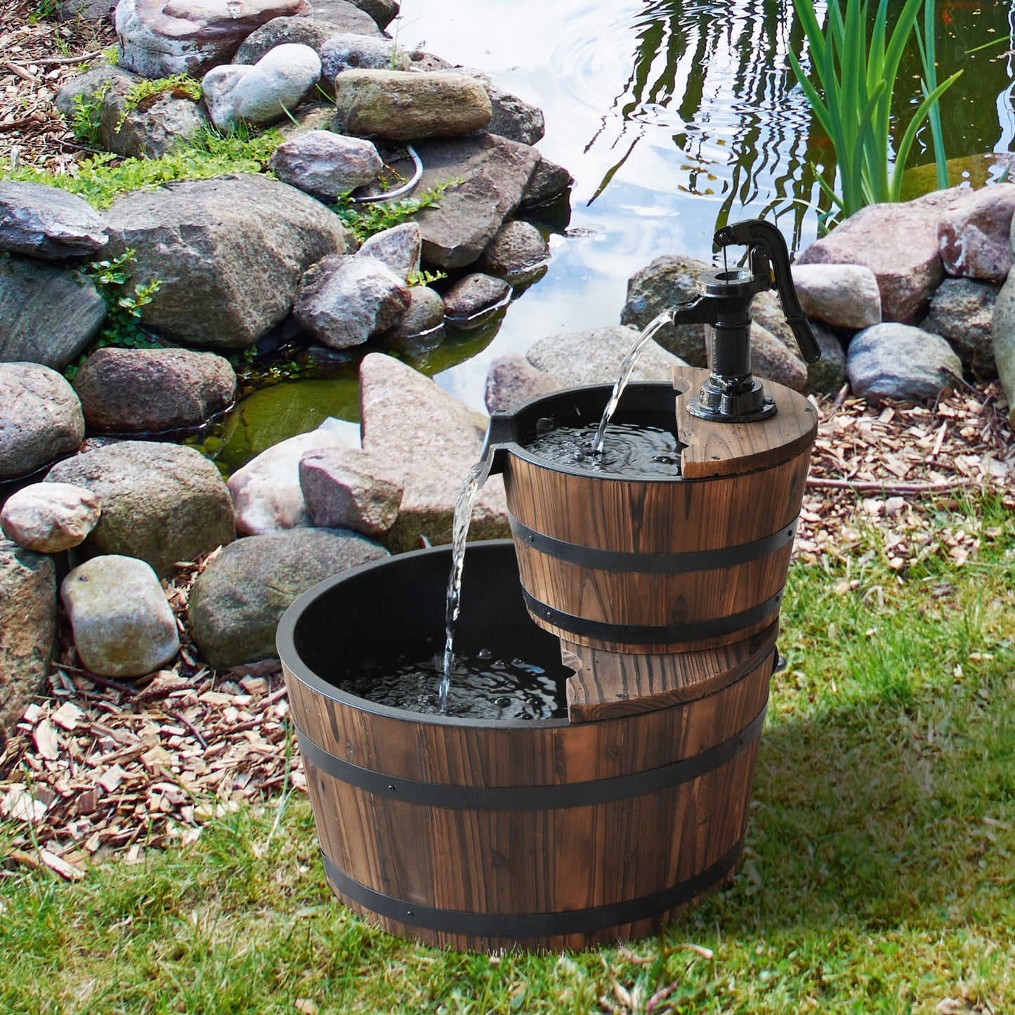 Wooden 2-Tier Fountain with Electric Pump for Garden Decor Backyard