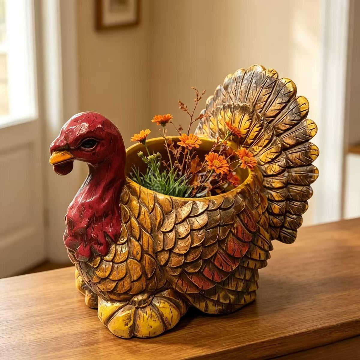 Resin Turkey Flower Pot for Outdoor Garden Decor - Handmade Halloween & Thanksgiving