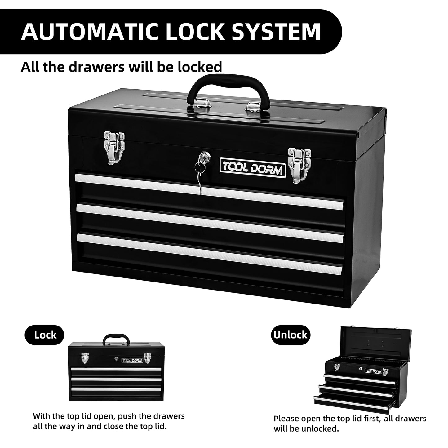 20.3-Inch Metal Tool Box with Drawers, Lockable Steel Chest for Garage and Workshop