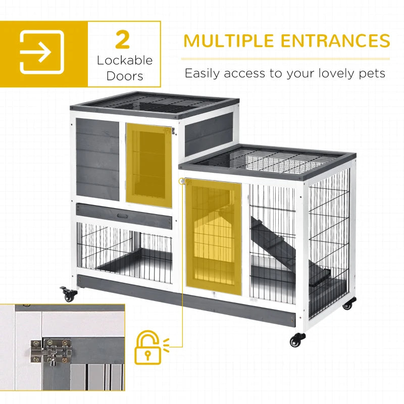 Wooden Rabbit Hutch with Enclosed Run & Wheels - Indoor Small Animal Cage