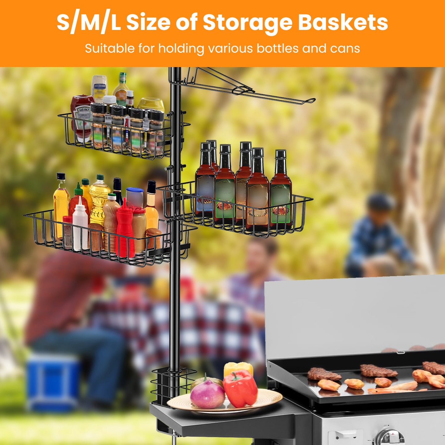 BBQ Storage Caddy with Large Capacity Baskets, Tool Hooks & Paper Towel Holder