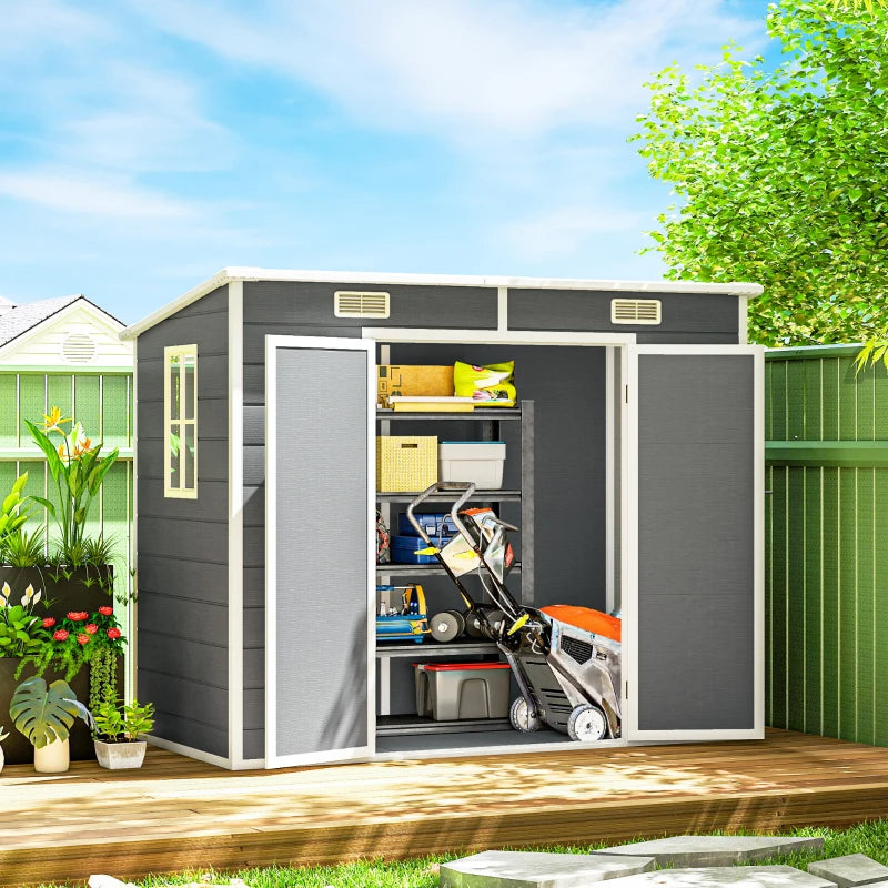 Outdoor Storage Shed with Floor, Lockable Double Doors, Window & Vents - Gray