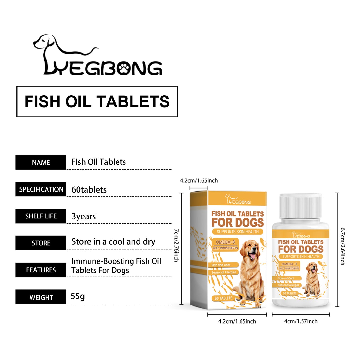 Dog Fish Oil Chewable Tablets - Skin Coat Support for Allergies & Digestion, 60 Count