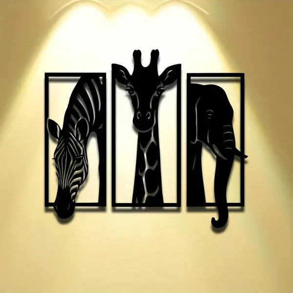 African Animal Metal Wall Art Set - Zebra Giraffe Elephant Decor - 3 Pieces