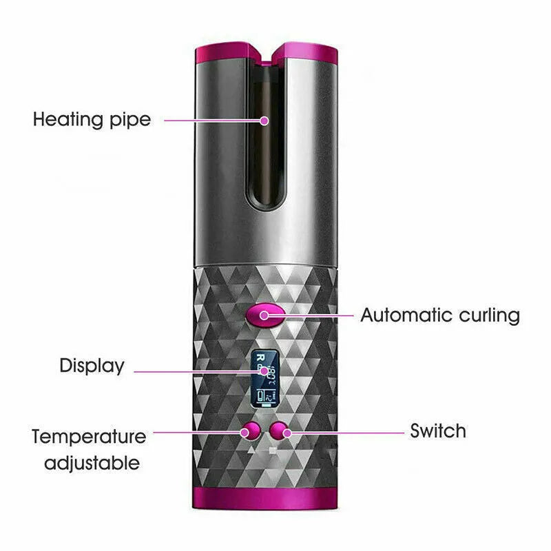 Cordless Auto-Rotating Hair Curler - Ceramic Wireless Curling Iron - Black