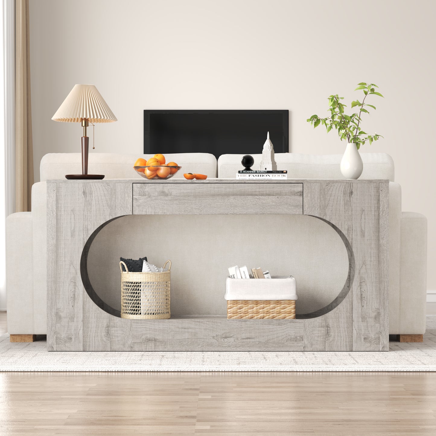 Grey Wood Grain Console Table with Storage Drawer - 63"