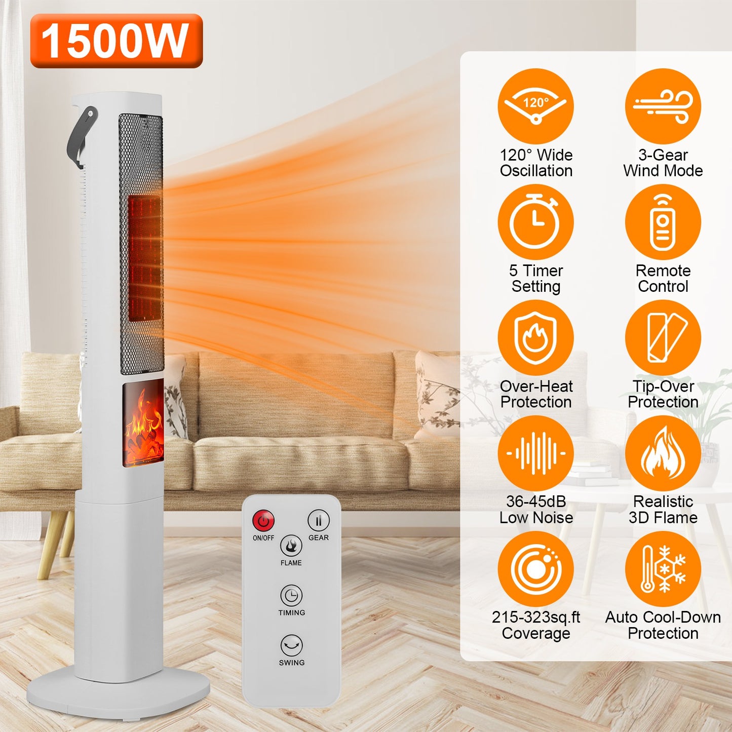 1500W Oscillating Space Heater with 3D Flame Effect, Remote & Timer