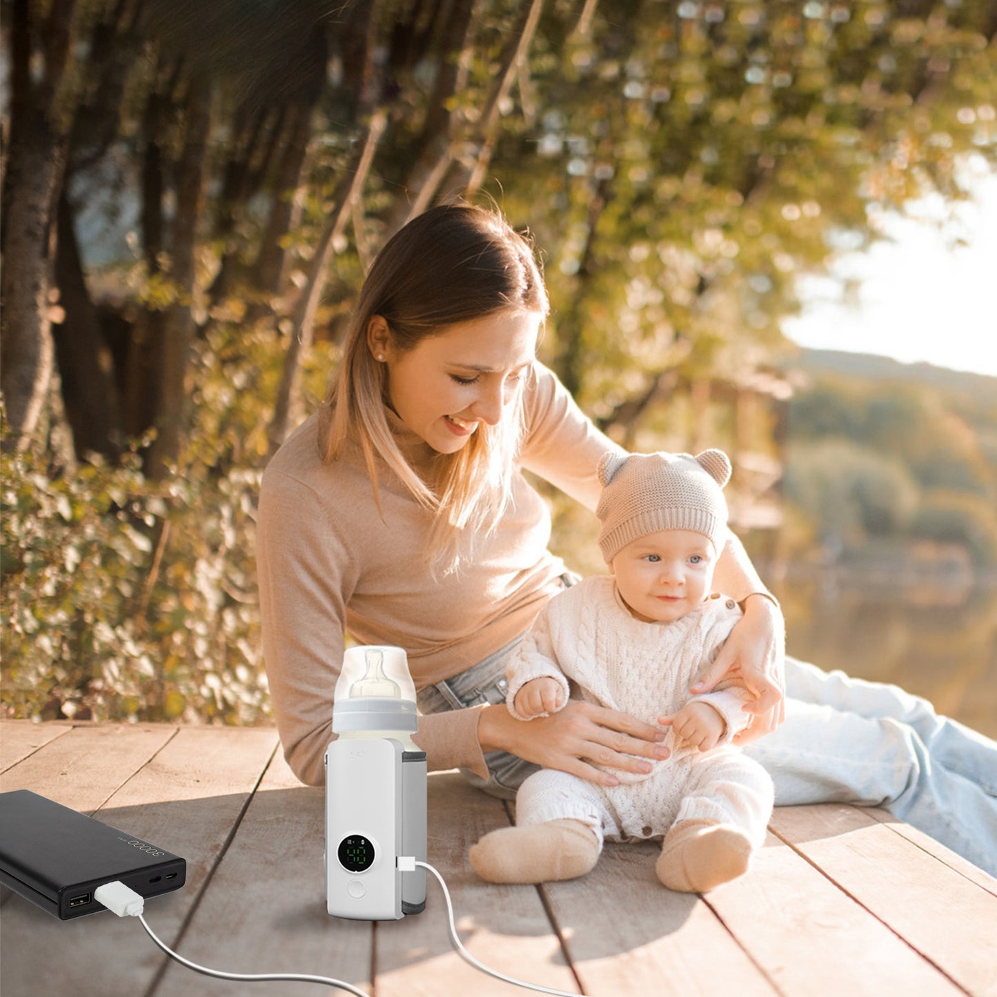 Portable Baby Bottle Warmer with 6 Heating Levels, USB Rechargeable, Keeps Milk Warm Up to 5 Hours - White