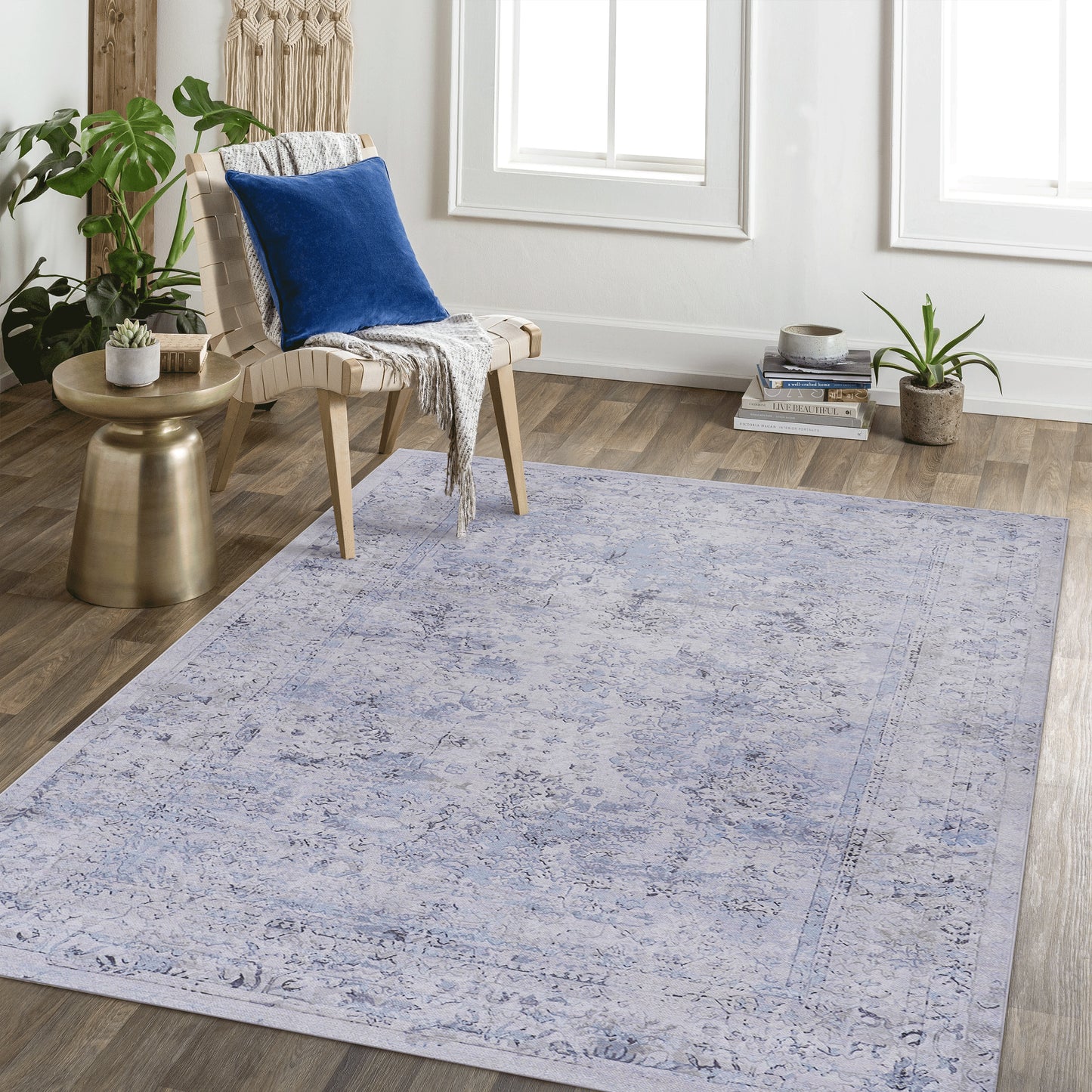 MAVAL Blue Washable Rug 8x10 Area Cream, 8' X 10'