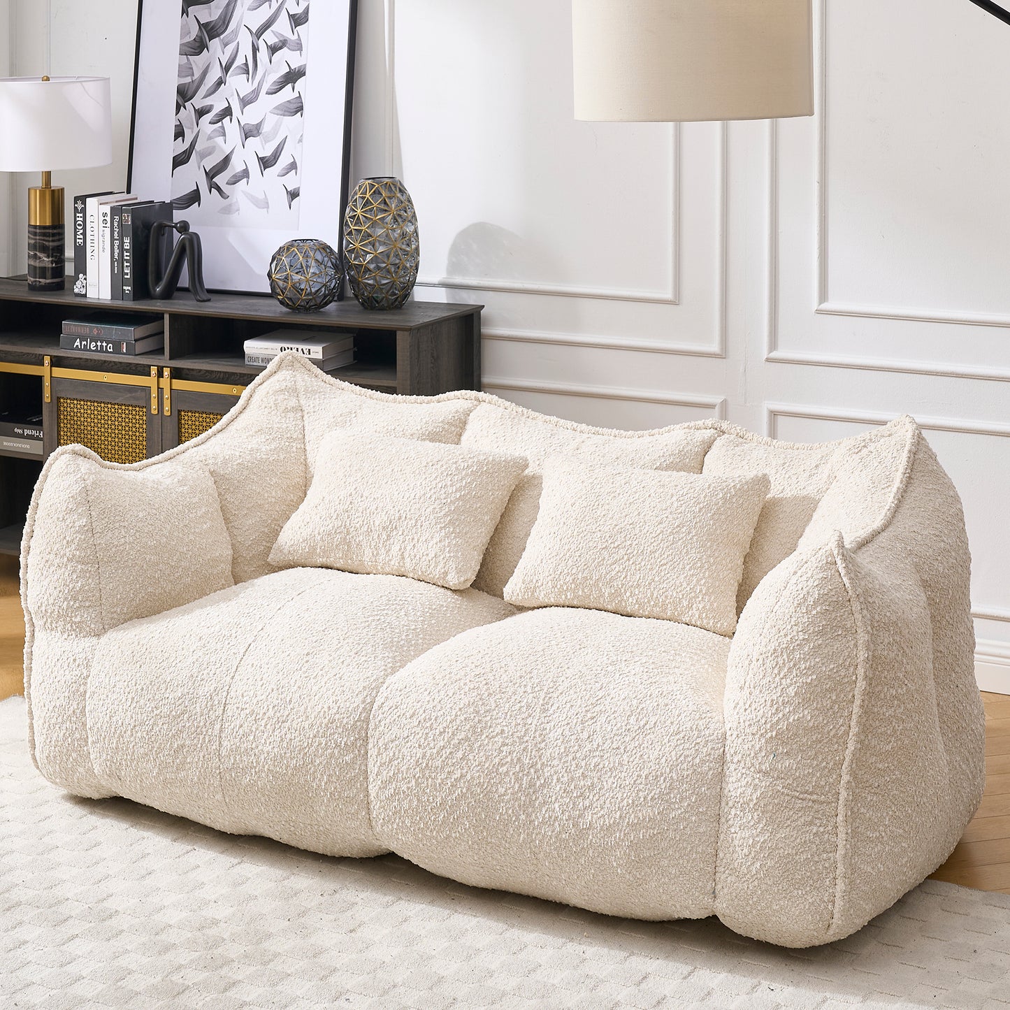 Soft Chenille Beanbag Chair for Two - Beige Recliner Sofa