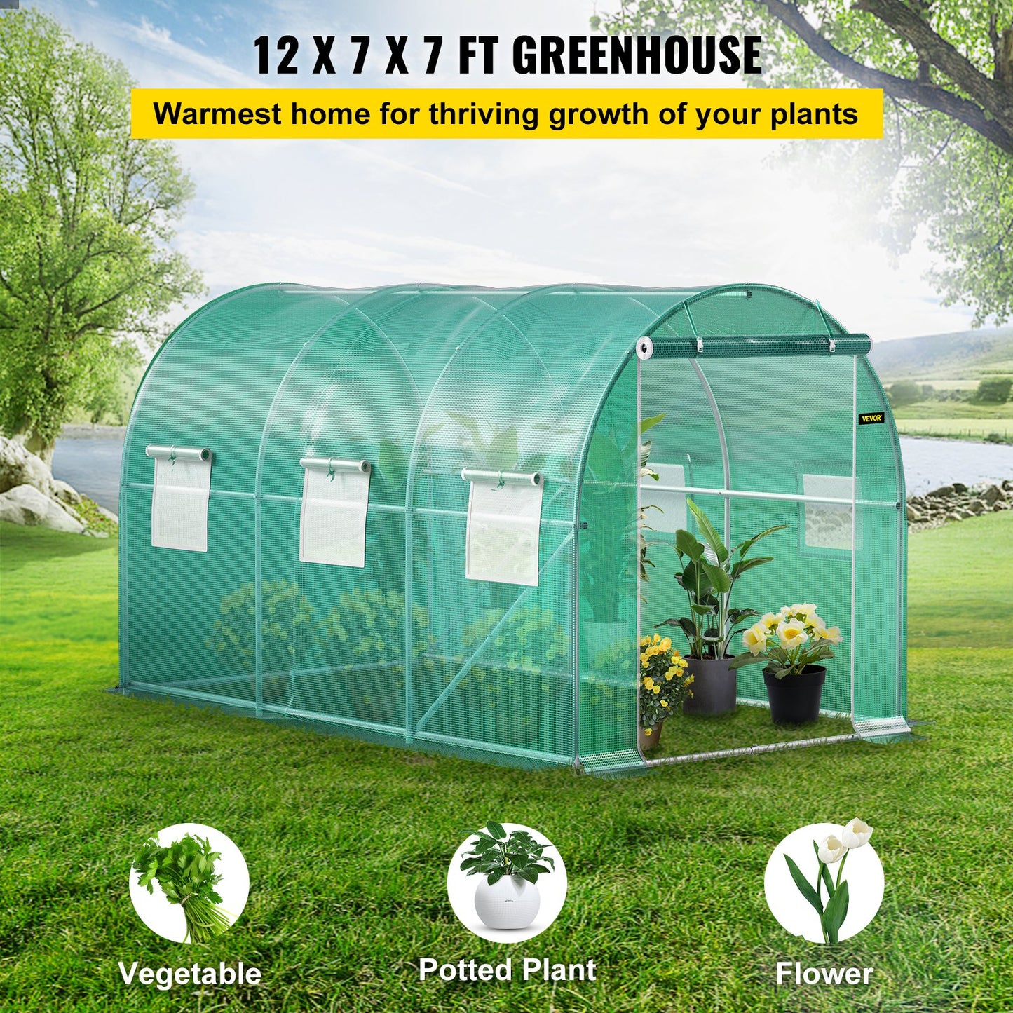 Walk-In Tunnel Greenhouse 12x7x7 Ft Portable Plant Grow House with Steel Frame