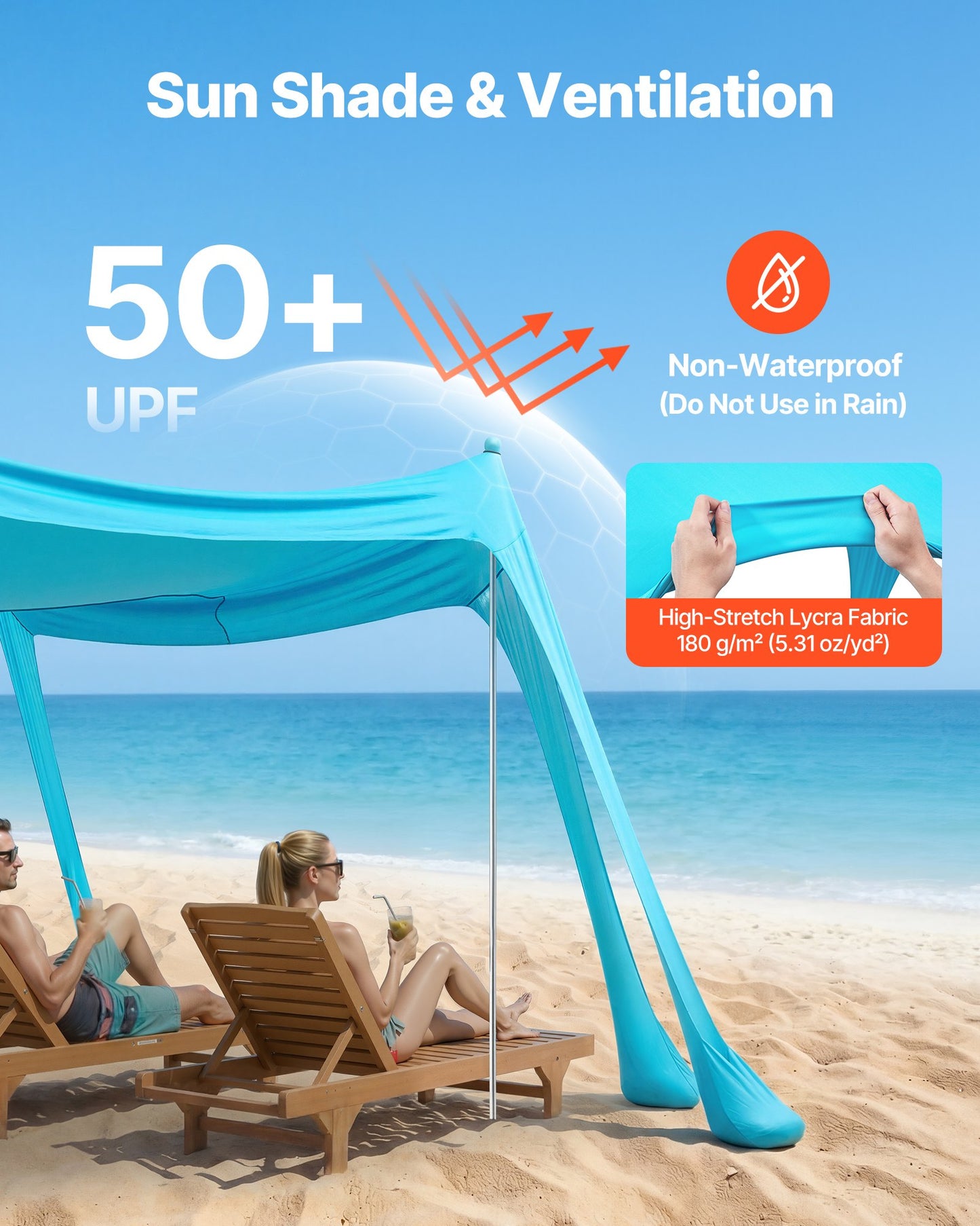 Portable Beach Tent Sun Shelter with UPF 50+ Shade, Sandbags & Support Poles