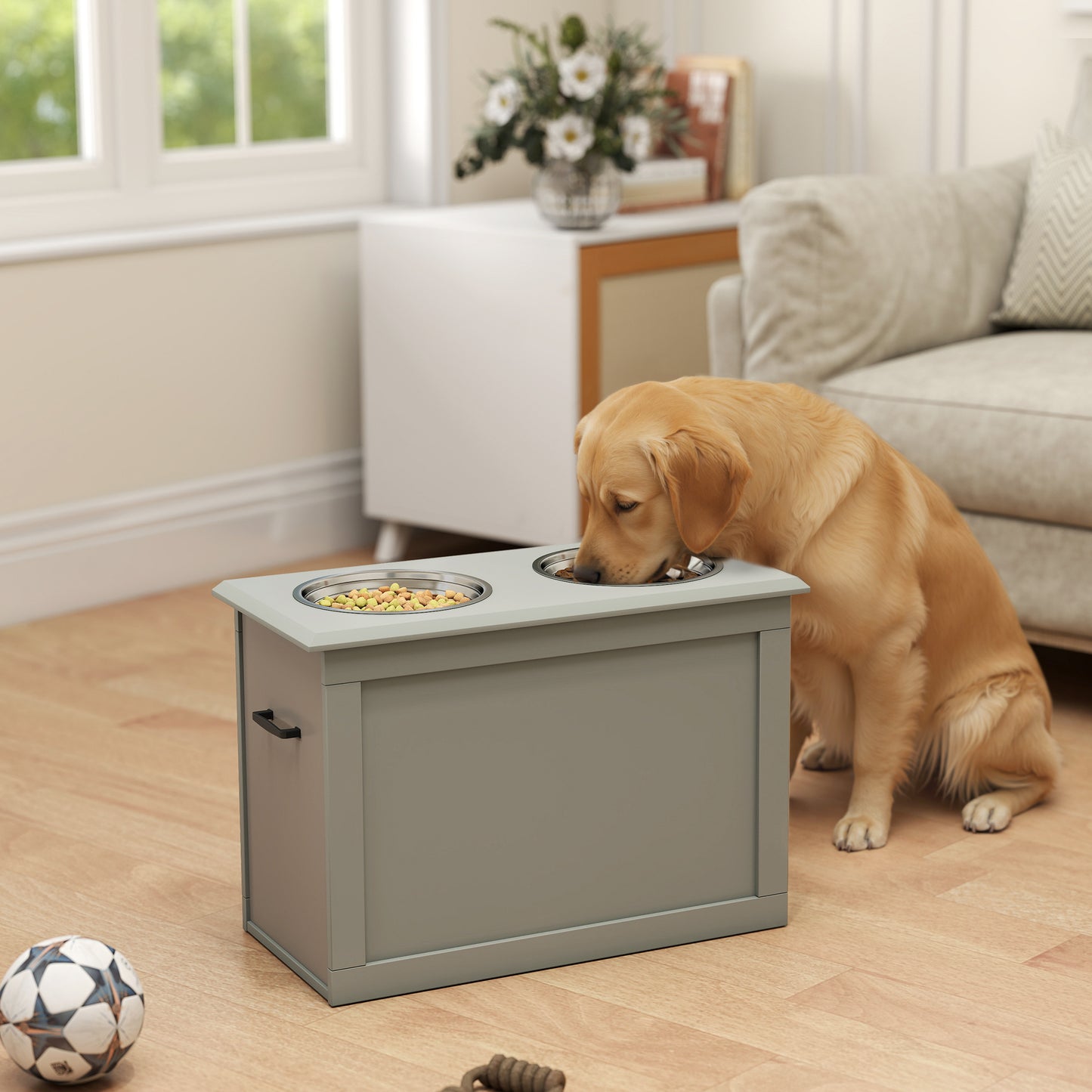 Raised Pet Feeding Station with 2 Stainless Steel Bowls for Large Dogs - Gray