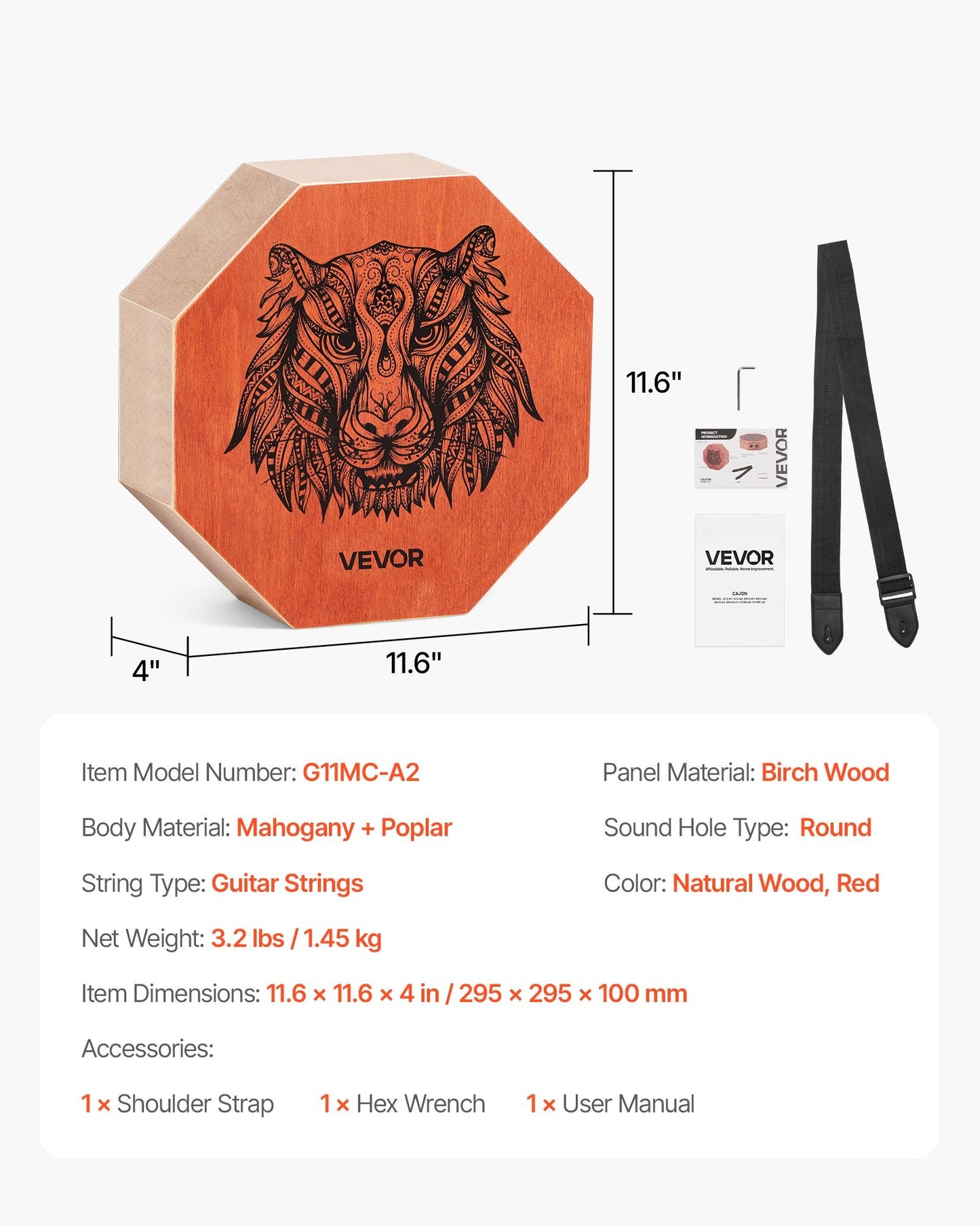 Portable Wooden Cajon Box Drum with Internal Guitar Strings - 11.6 x 11.6 x 4 in