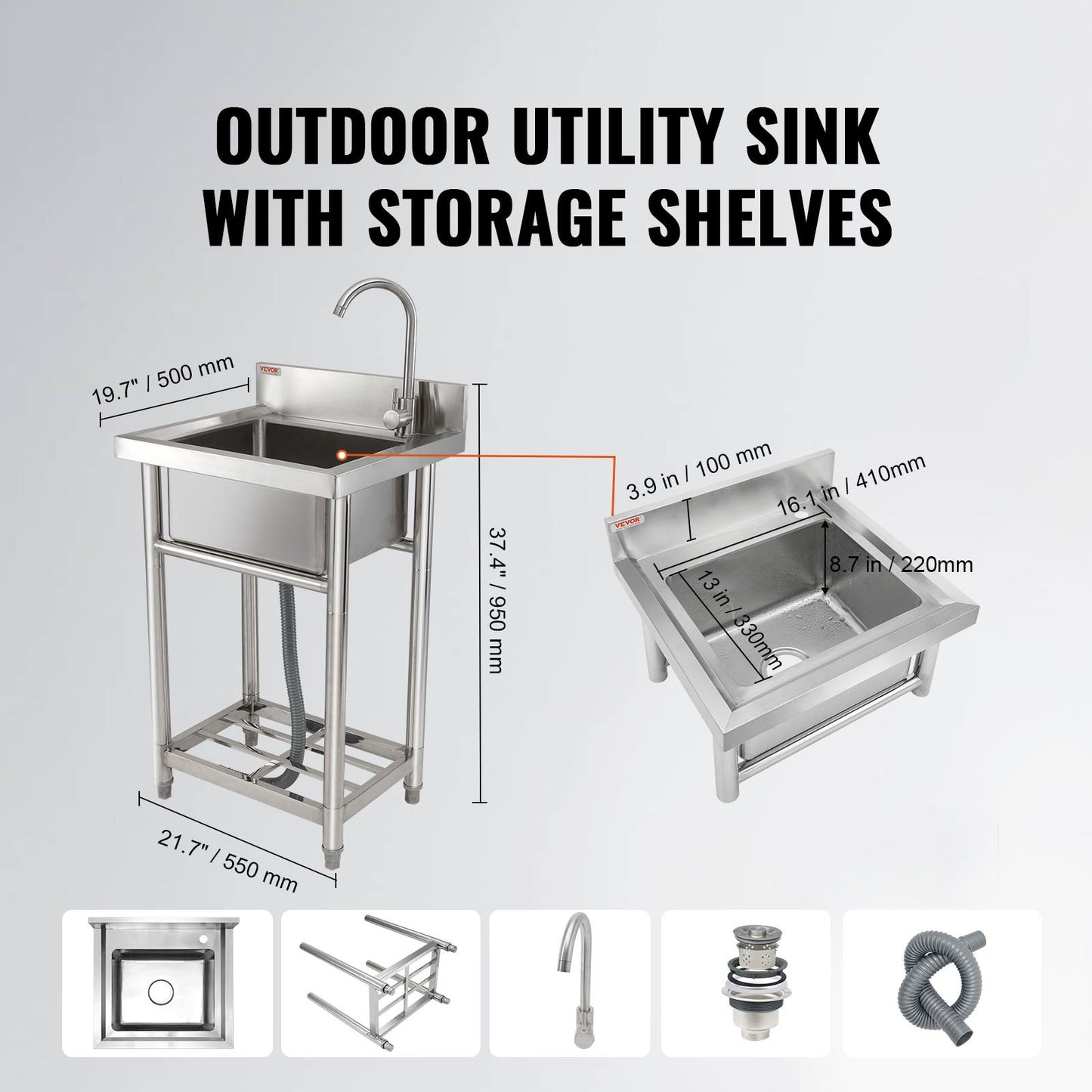 Stainless Steel Utility Sink with Faucet - 16 x 13 x 8.7 In