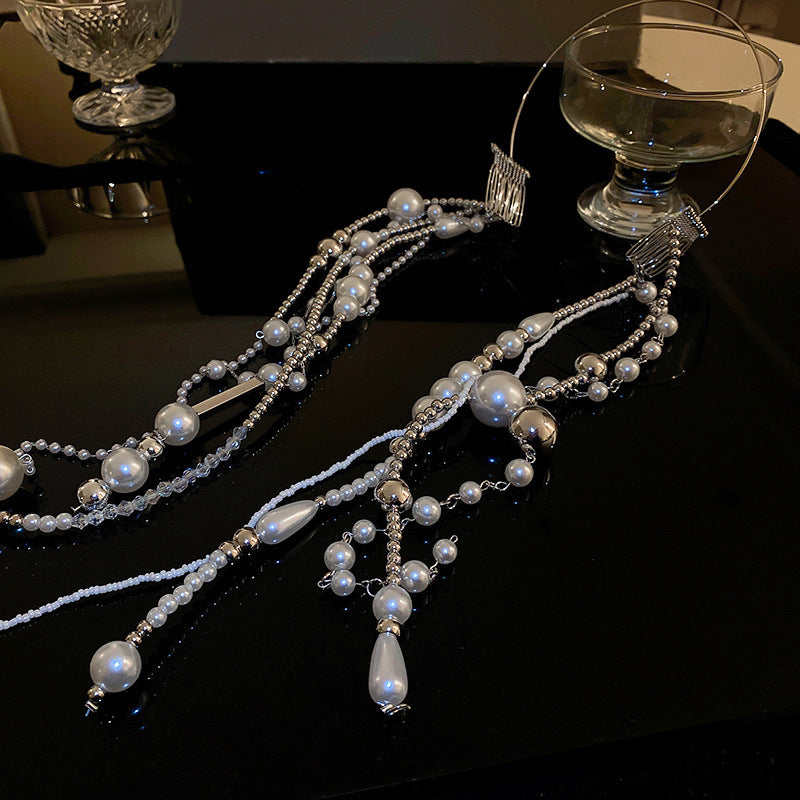 Pearl Crystal Bead Tassel Headband - Silver