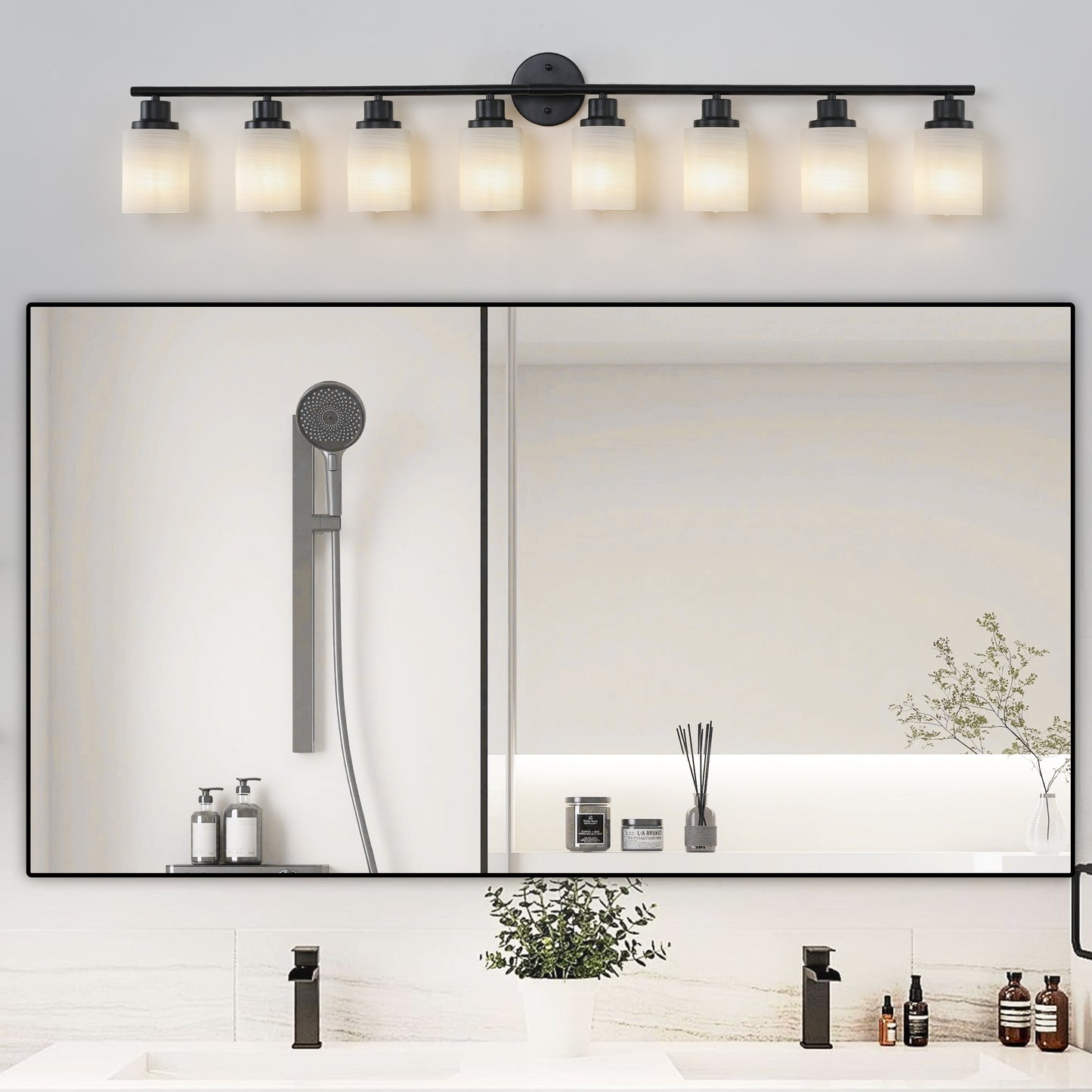 Modern 8-Light Vanity Wall Sconce - Frosted Glass & Black Frame