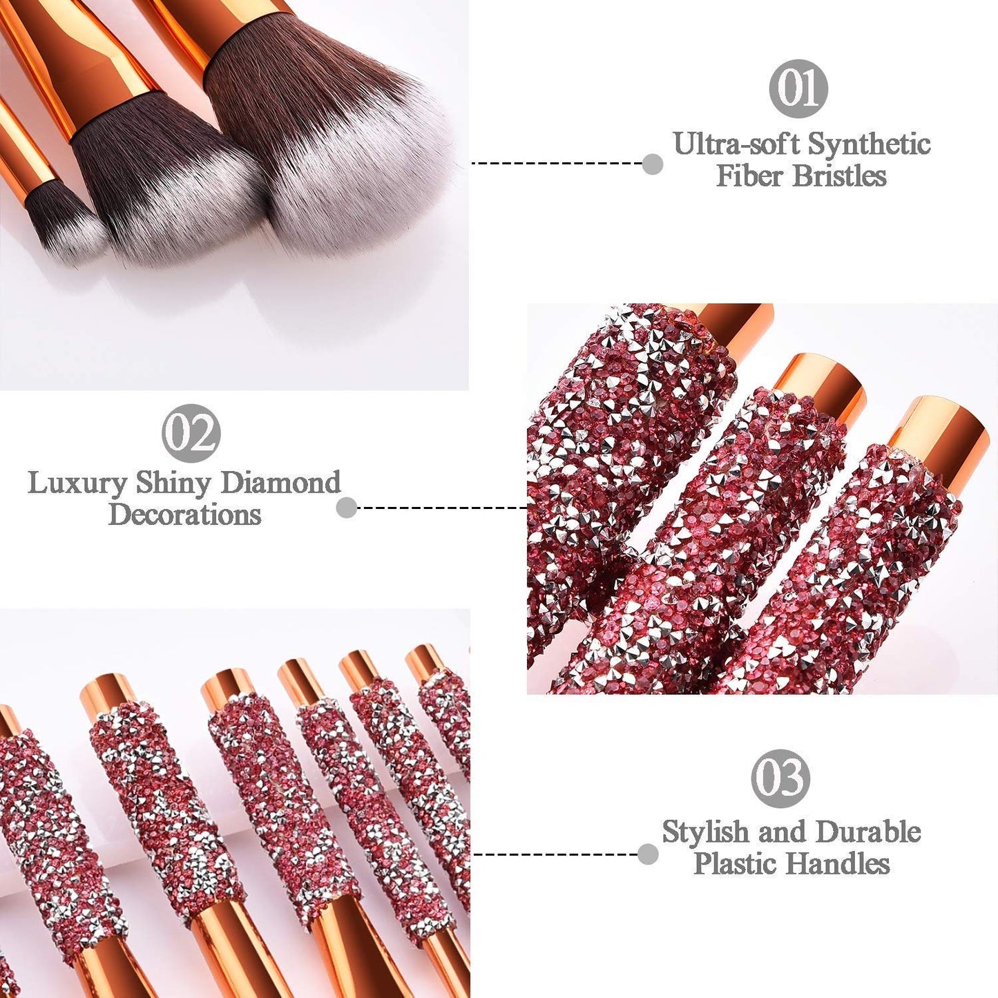 10-Piece Diamond Inlaid Makeup Brush Set with Storage Bag - Pink