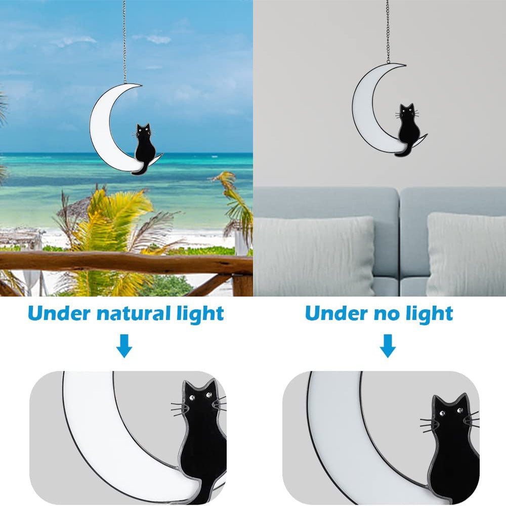 Black and White Cat Stained Glass Window Pendant - Moonlight Black Cat