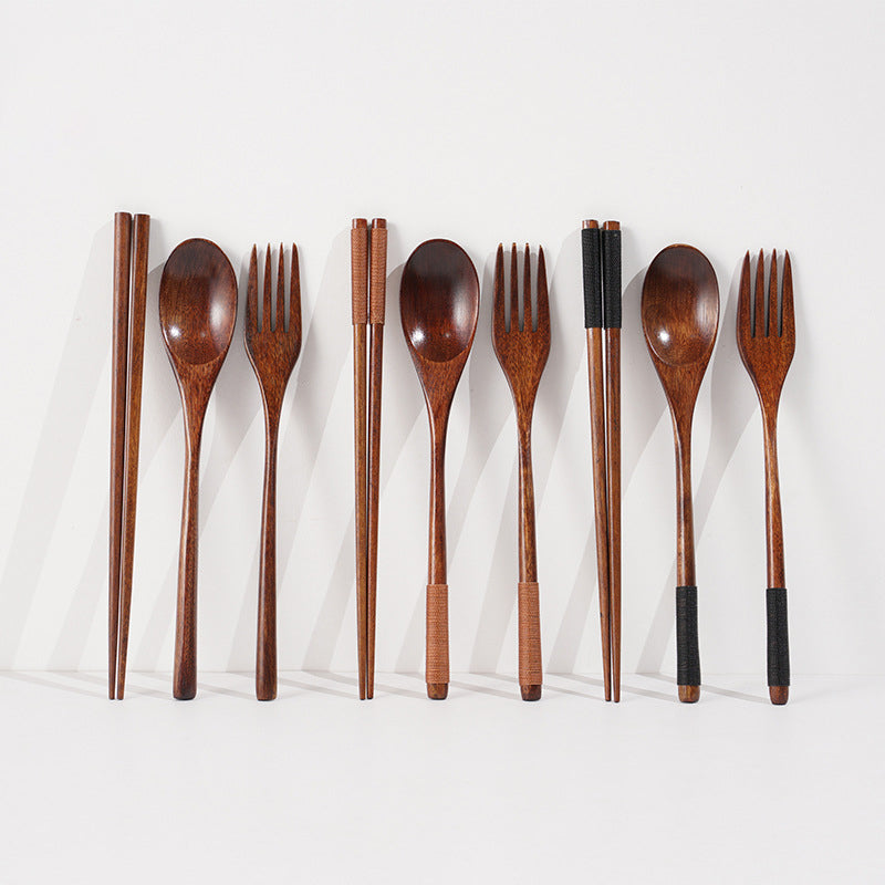 Wooden Dinnerware Set 3PCS Fork Chopsticks Spoon Portable Tableware