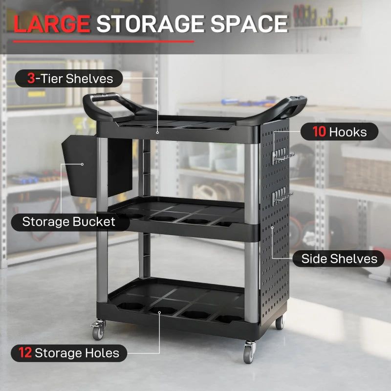 3-Tier Rolling Tool Cart with Side Shelf and Bucket, 200 LBS Capacity, Black & Gray Utility Cart