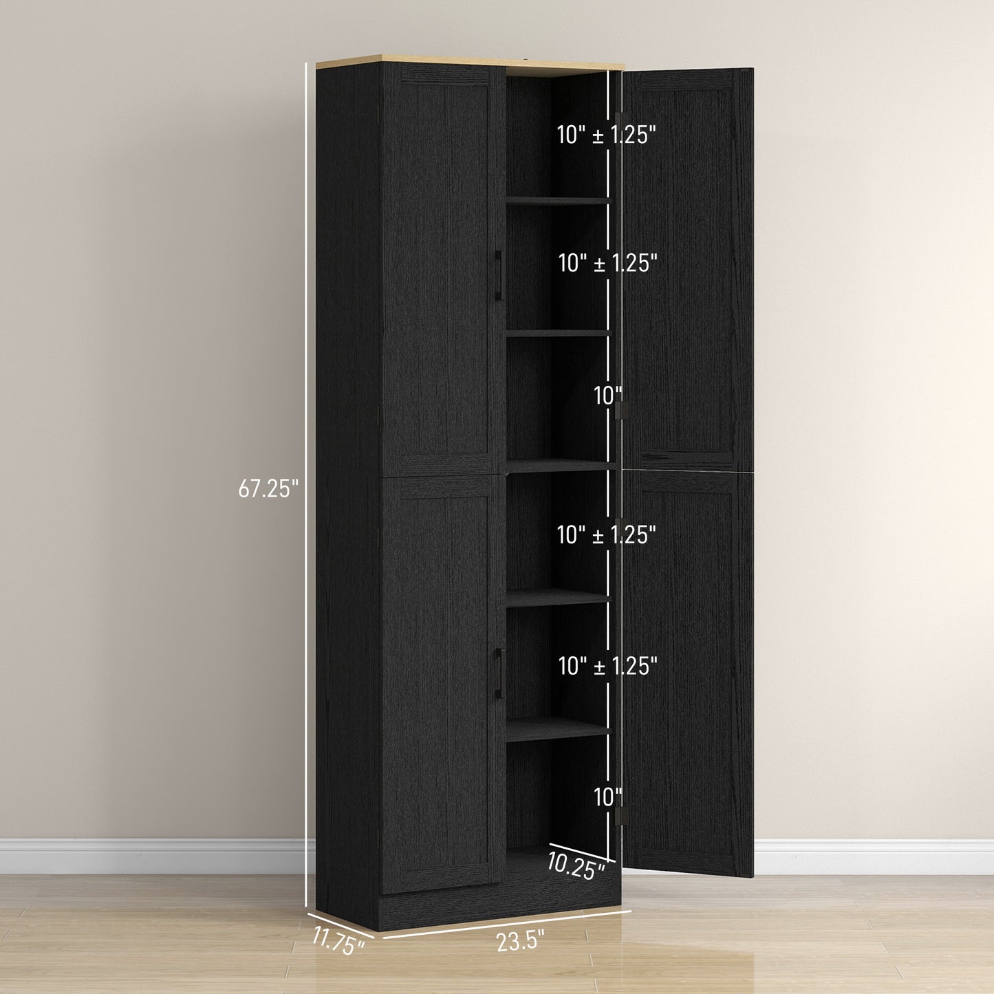 Freestanding Kitchen Pantry Cabinet with Adjustable Shelves - Distressed Black
