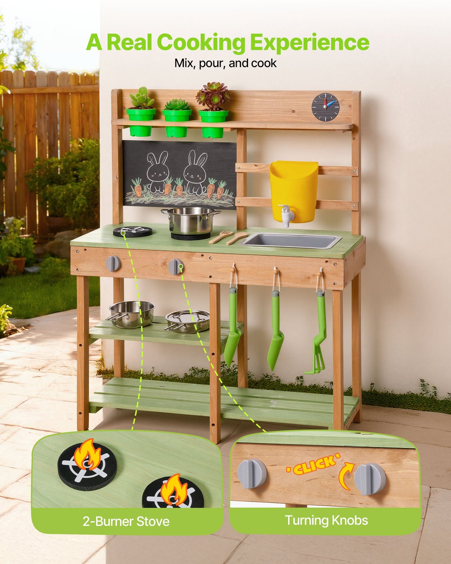 Outdoor Kids Mud Kitchen with Stoves Sink & Accessories - Wooden Play Set for Garden