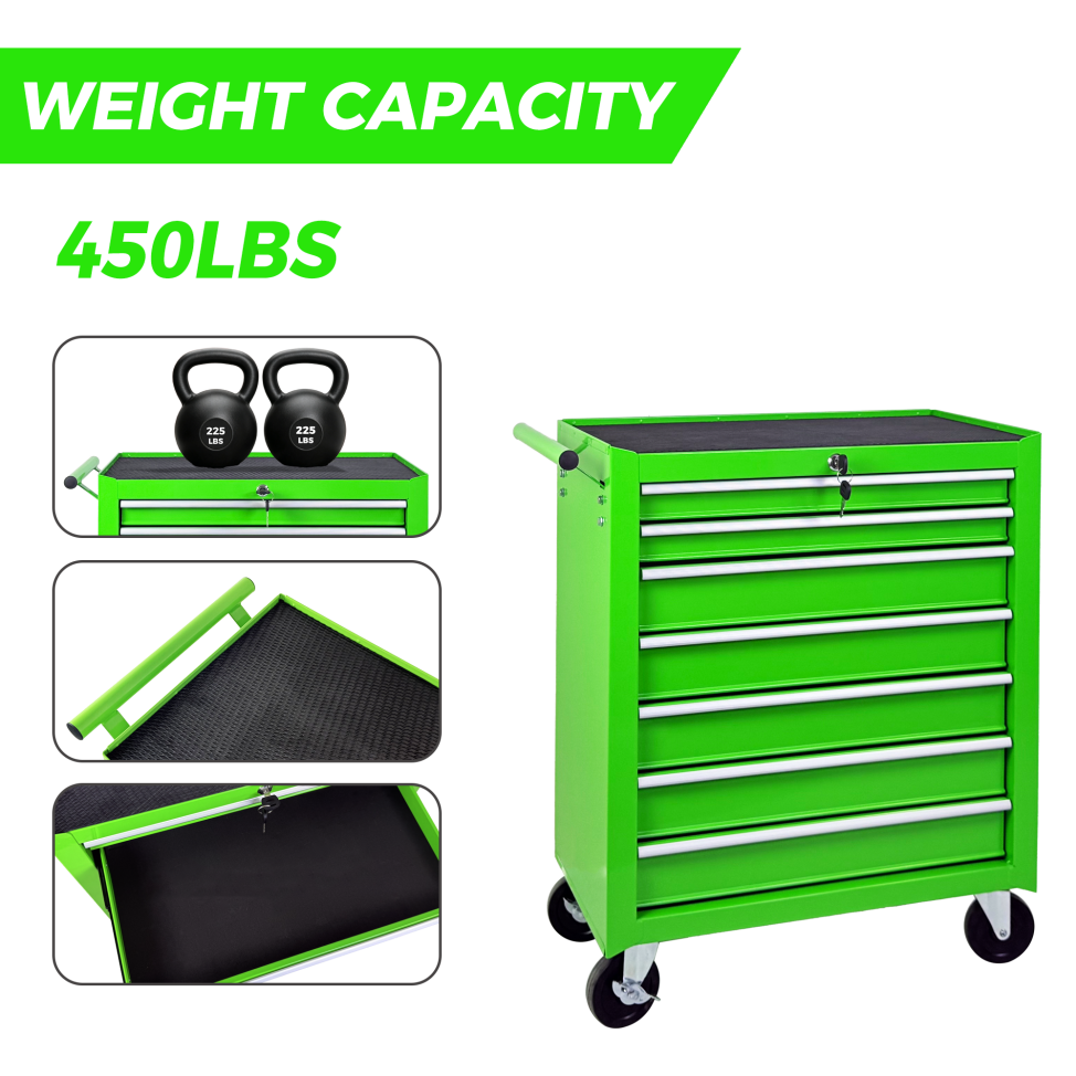 7-Drawer Rolling Tool Chest with Wheels - Green
