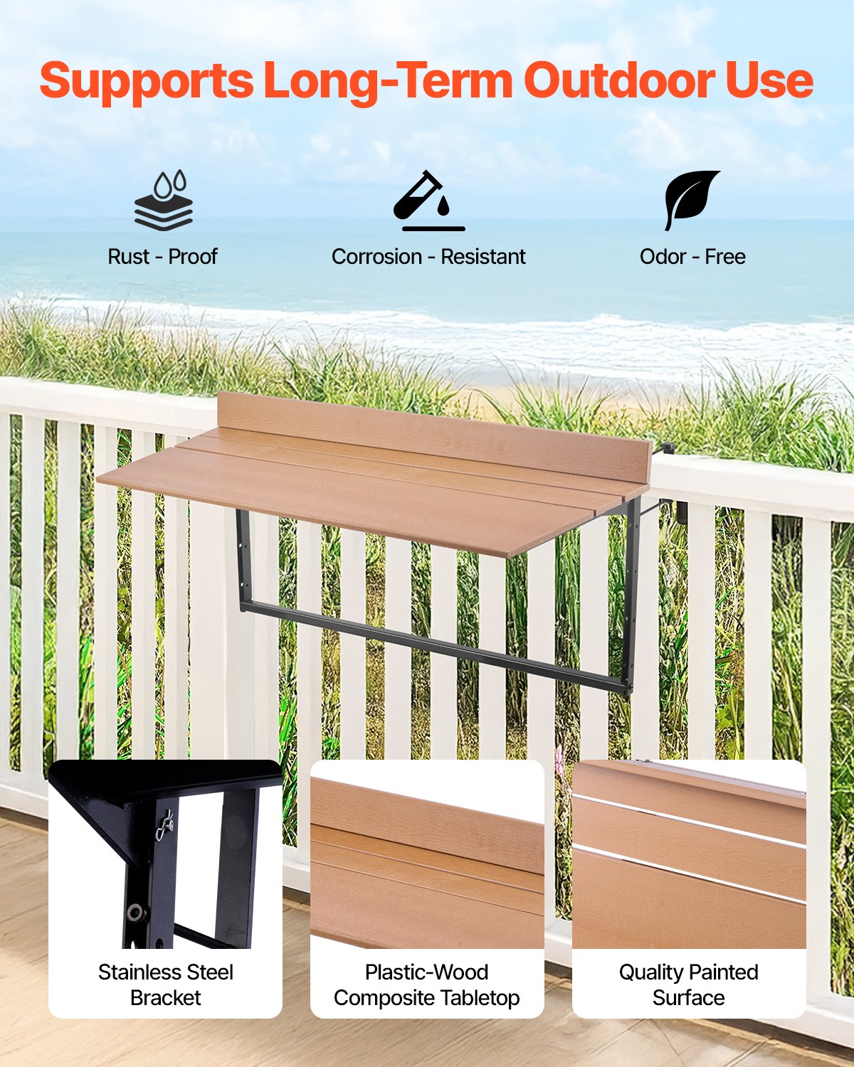 Outdoor Balcony Hanging Table 15x39 Inch Rust-Resistant Foldable Patio Railing Bar Table - Multicolor