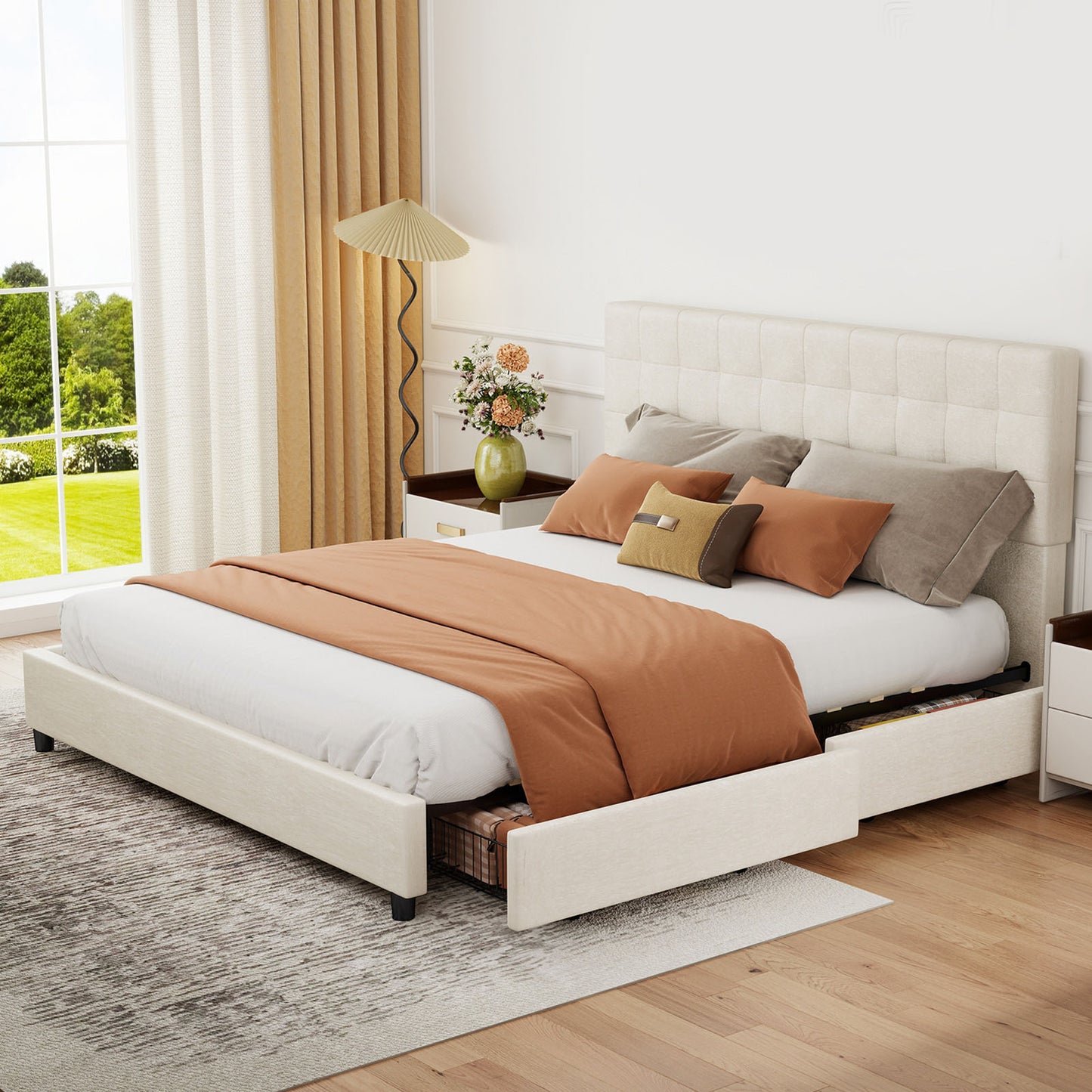 Modern Upholstered Bed Frame with Storage Drawers - No Box Spring Needed