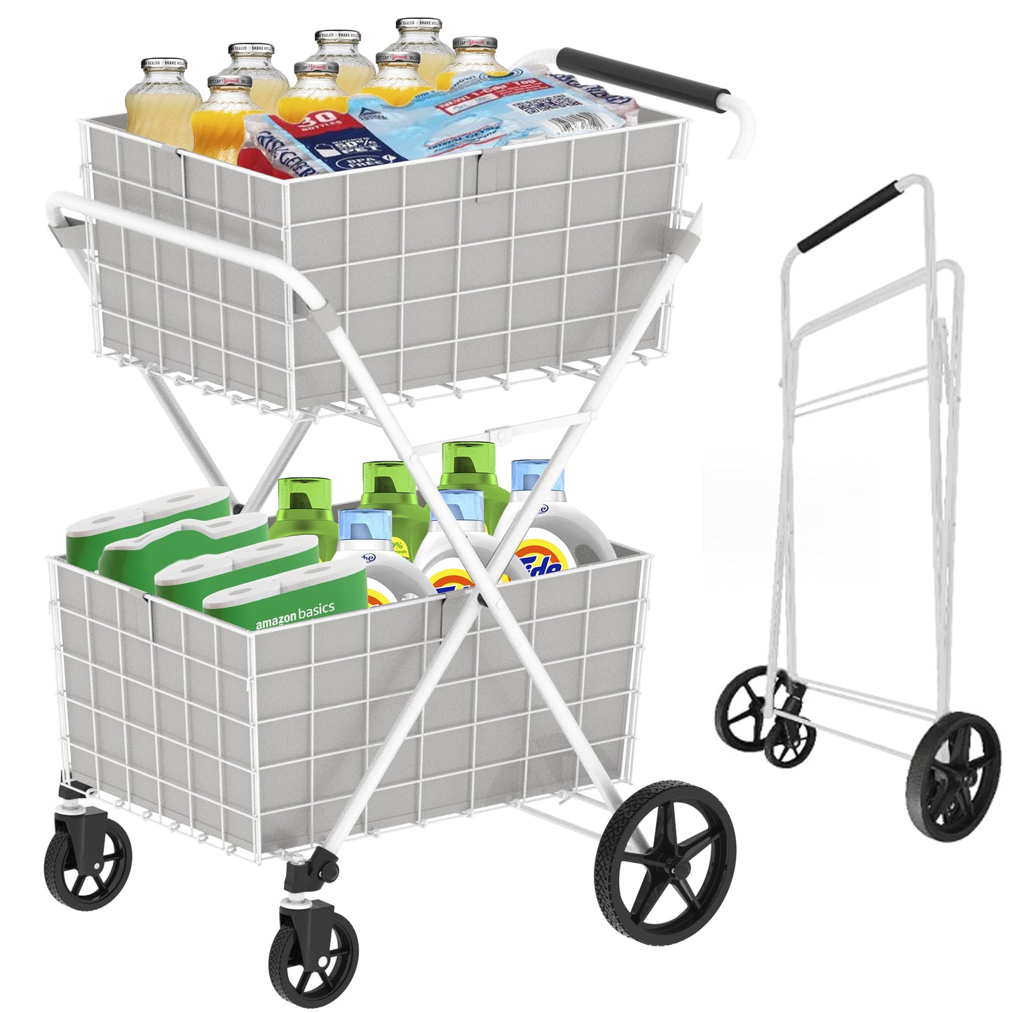 Extra Jumbo Foldable Shopping Cart with Double Baskets - White