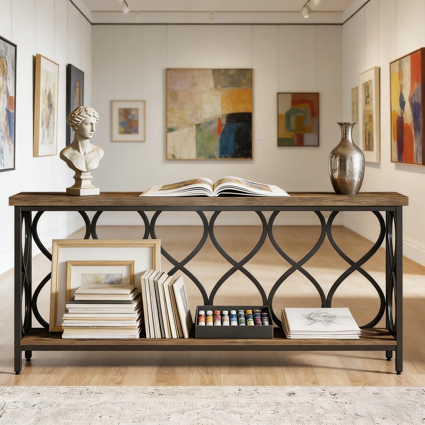 2-Tier Console Table - Rustic Brown & Black Metal Entryway Table