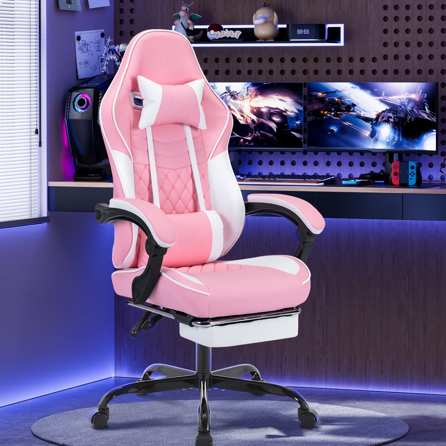 Ergonomic Gaming Chair with Massage Lumbar Support & Footrest - Pink & White
