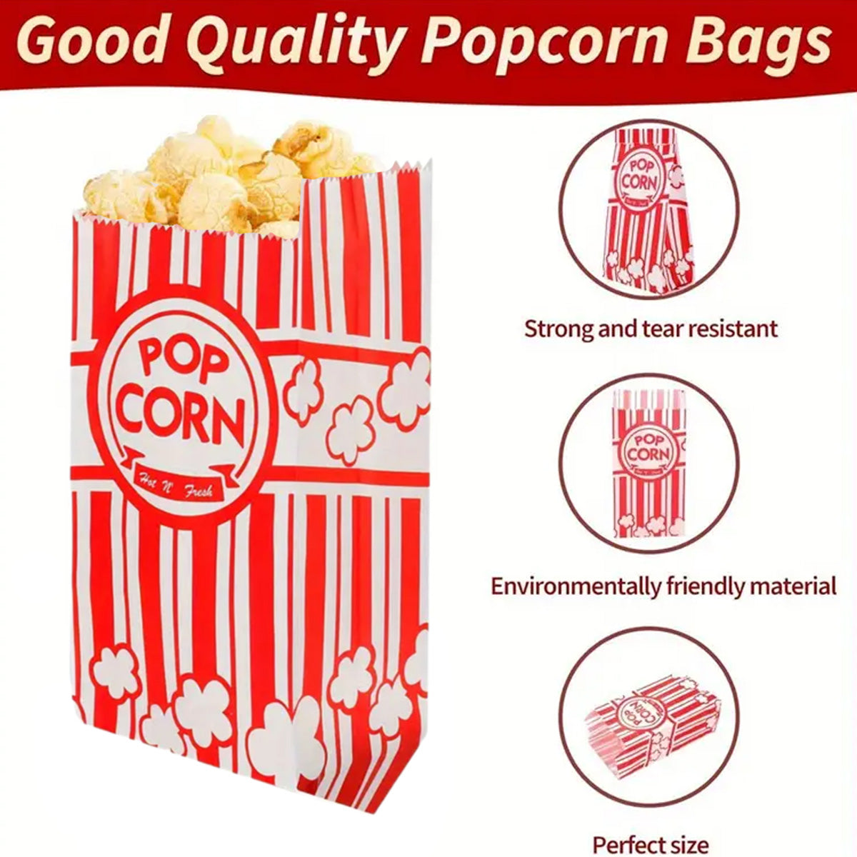 50 Pcs Red and White Striped Paper Popcorn Bags - Individual Serving Size