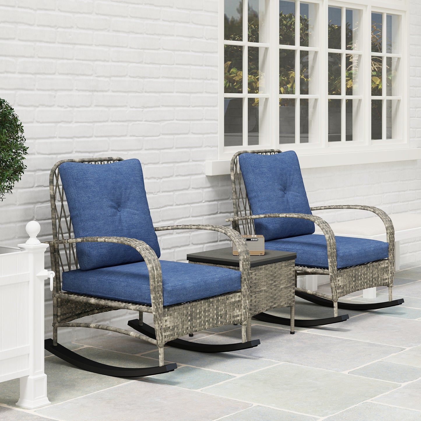 3-Piece Gray Wicker Patio Furniture Set with Rocking Chairs & Table
