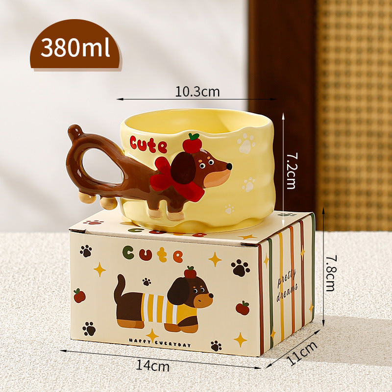 Dog Cartoon Mug Sausage Puppy Ceramic Cup - 380ml, Cute Pet Drinkware