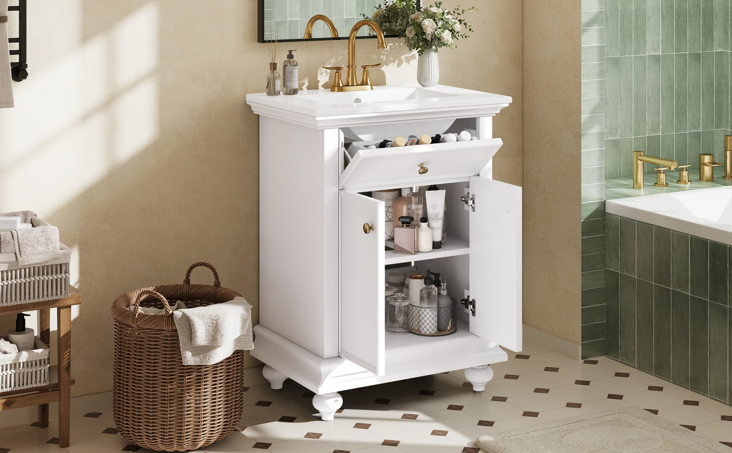24" Modern Bathroom Vanity with Tip-Out Drawer - White