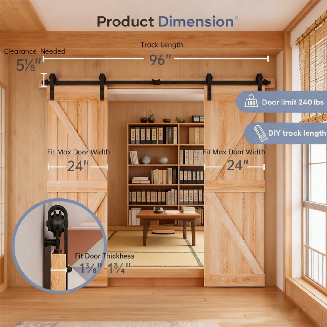 8 FT Double Sliding Barn Door Track Kit - Black Hardware