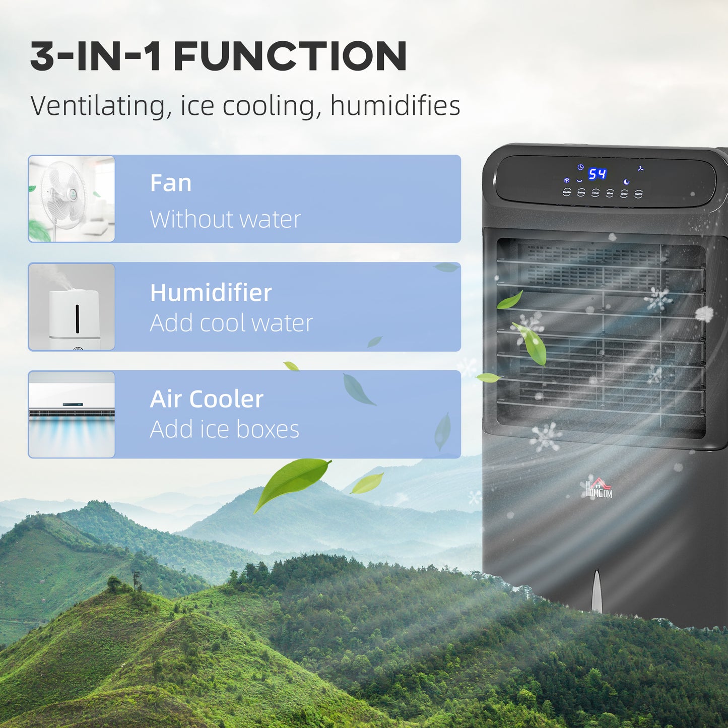 3-in-1 Portable Evaporative Air Cooler with Remote, Oscillating, Timer - Black