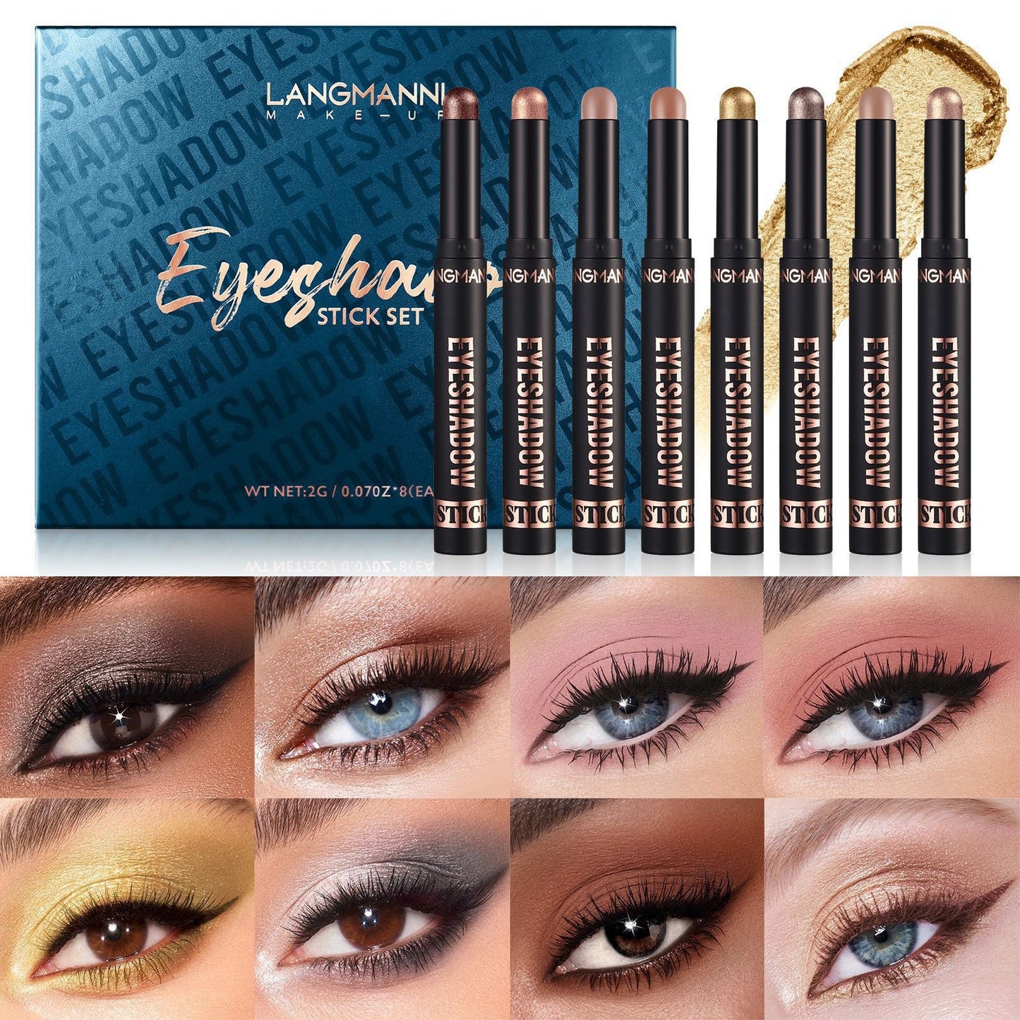 8 Color Eye Shadow Stick Set - Smudge-Resistant, Long-Wear Makeup