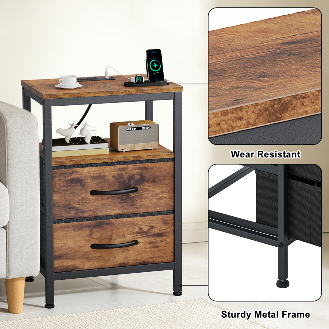 Compact Bedside Table with Charging Station and 2 Drawers - Brown