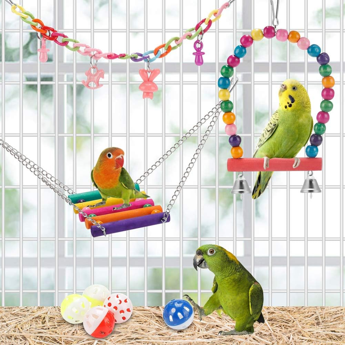 Colorful Bird Parakeet Toys Set with Swing Climbing Ladder Chewing Hammock