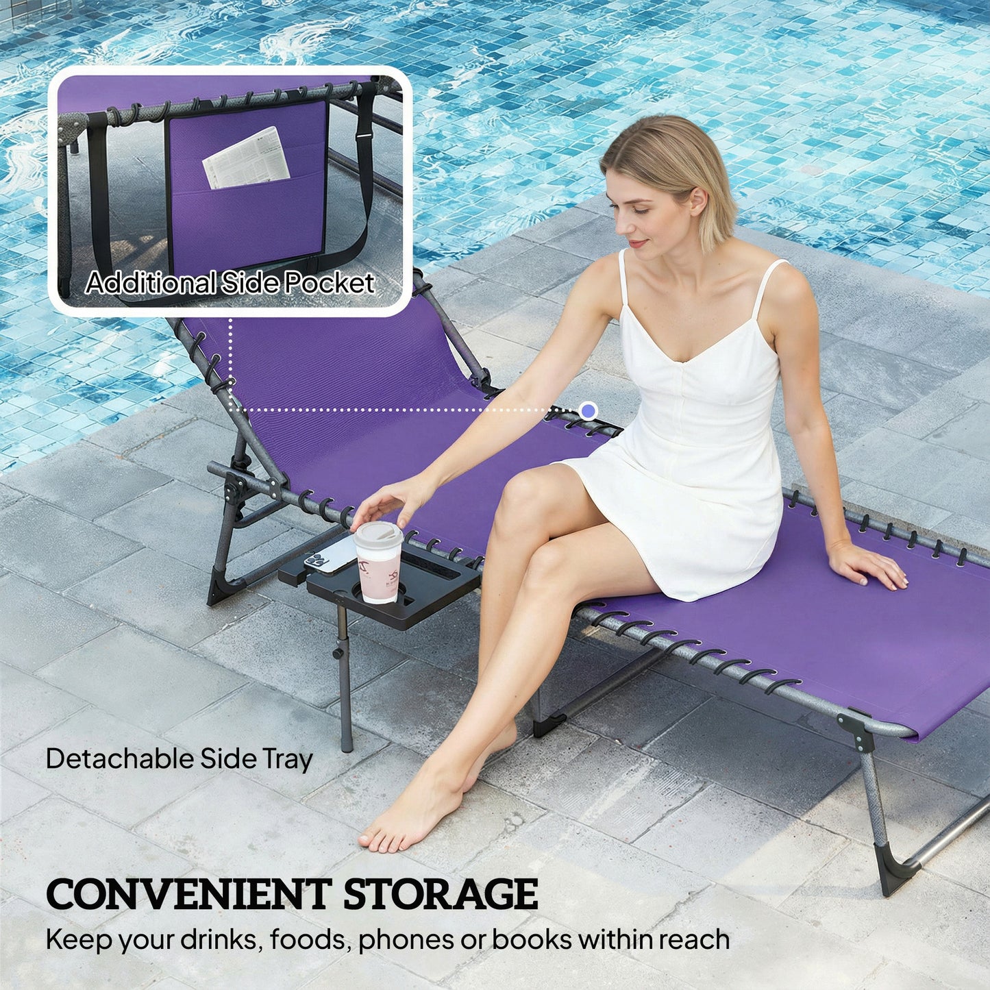 Folding Outdoor Chaise Lounge Chair with 5-Level Adjustable Back, Side Table, Pillow - Purple
